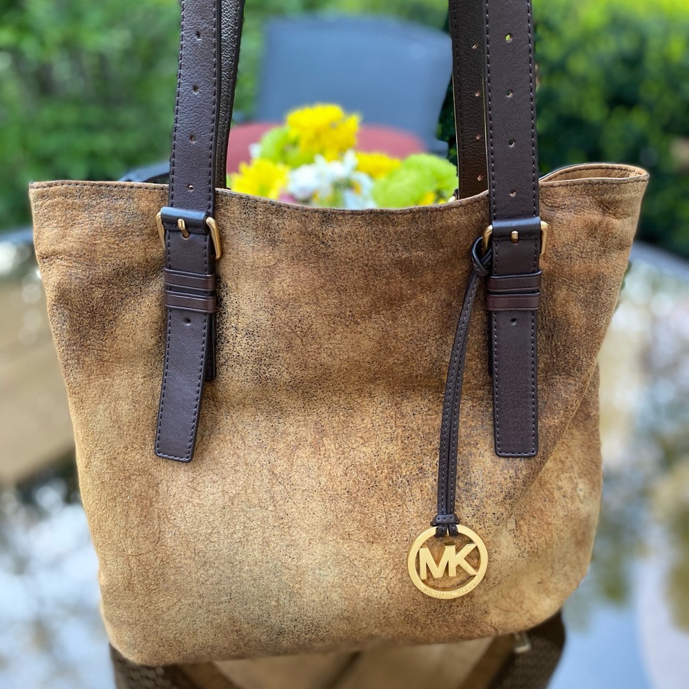 Michael Kors Brown Suede Tote with Gold Charm